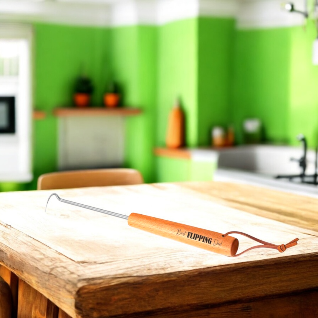 Personalized Pigtail Meat Flipper on Wooden Counter